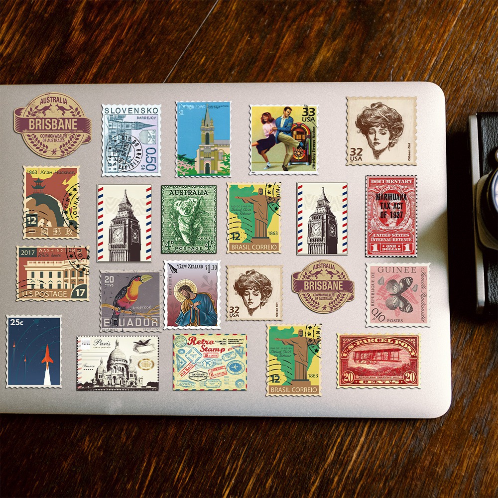 Vintage Collectible Stamps - 50 Vintage Travel Stamp Sticker Pack,